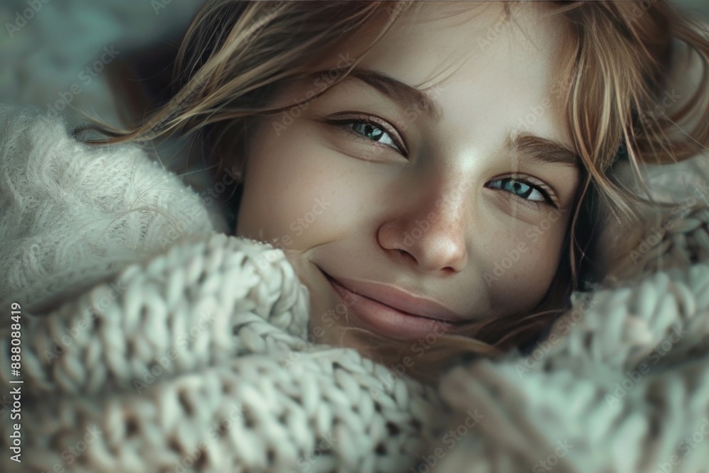 A teenage girl radiating warmth and serenity, her gentle smile and soft knit sweater creating a sense of tranquility. A teenage girl radiating warmth and serenity, her gentle smile and soft knit sweater creating a sense of tranquility.