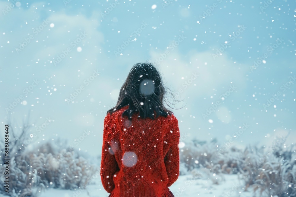 A teenage girl standing amidst a snowy landscape, her silhouette outlined against the winter sky, her figure enveloped in a vibrant red knit sweater. A teenage girl standing amidst a snowy landscape, her silhouette outlined against the winter sky, her figure enveloped in a vibrant red knit sweater.
