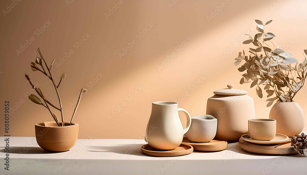 Fototapeta premium Modern living room with a fireplace features a white coffee table set for breakfast with a porcelain teapot and mugs