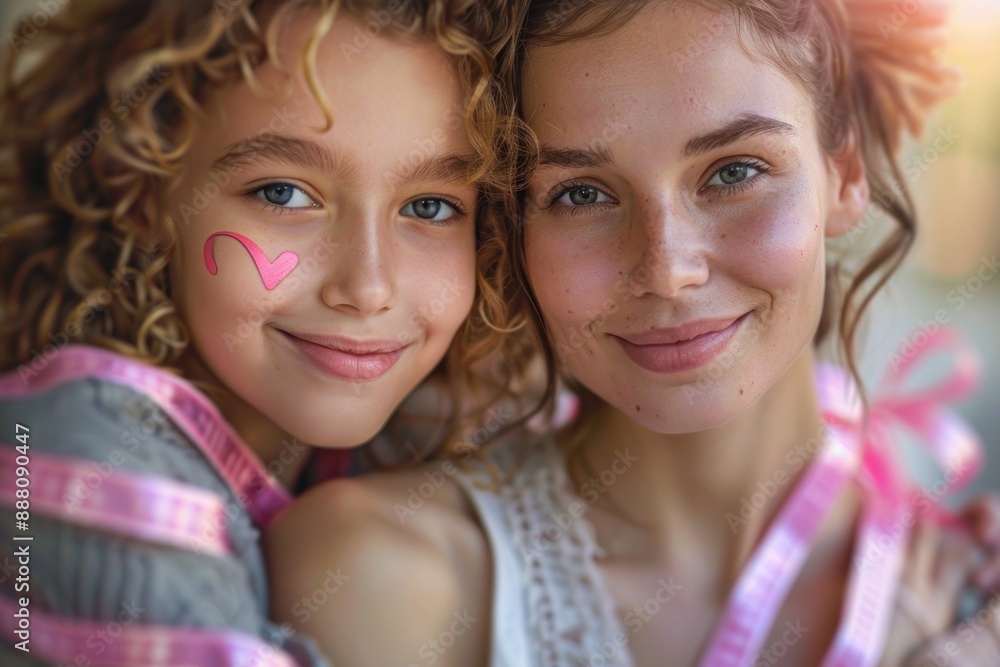 A touching scene of a mother and daughter bonding over a pink ribbon craft, symbolizing their solidarity in the fight against breast cancer. Their loving embrace reflects hope and unity on this A touching scene of a mother and daughter bonding over a pink ribbon craft, symbolizing their solidarity in the fight against breast cancer. Their loving embrace reflects hope and unity on this