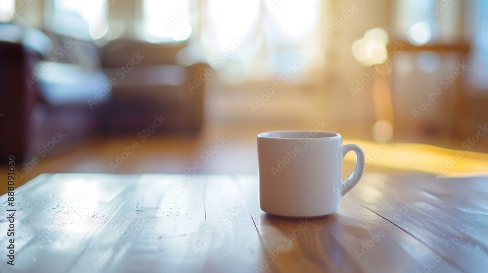 Fototapeta premium A white coffee cup sits on a wooden table in a living room