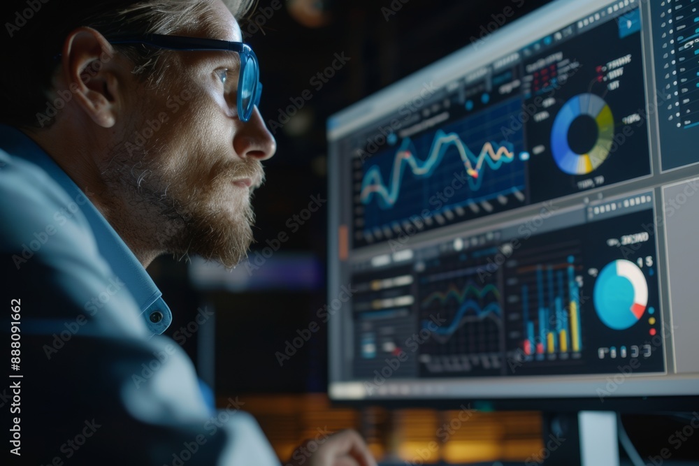A bearded man in glasses studies complex data charts on a computer screen in a dimly lit room. A bearded man in glasses studies complex data charts on a computer screen in a dimly lit room.