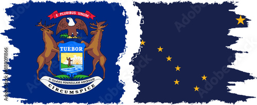 Alaska and Michigan states grunge brush flags connection, vector