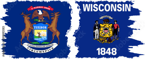 Wisconsin and Michigan states grunge brush flags connection, vector