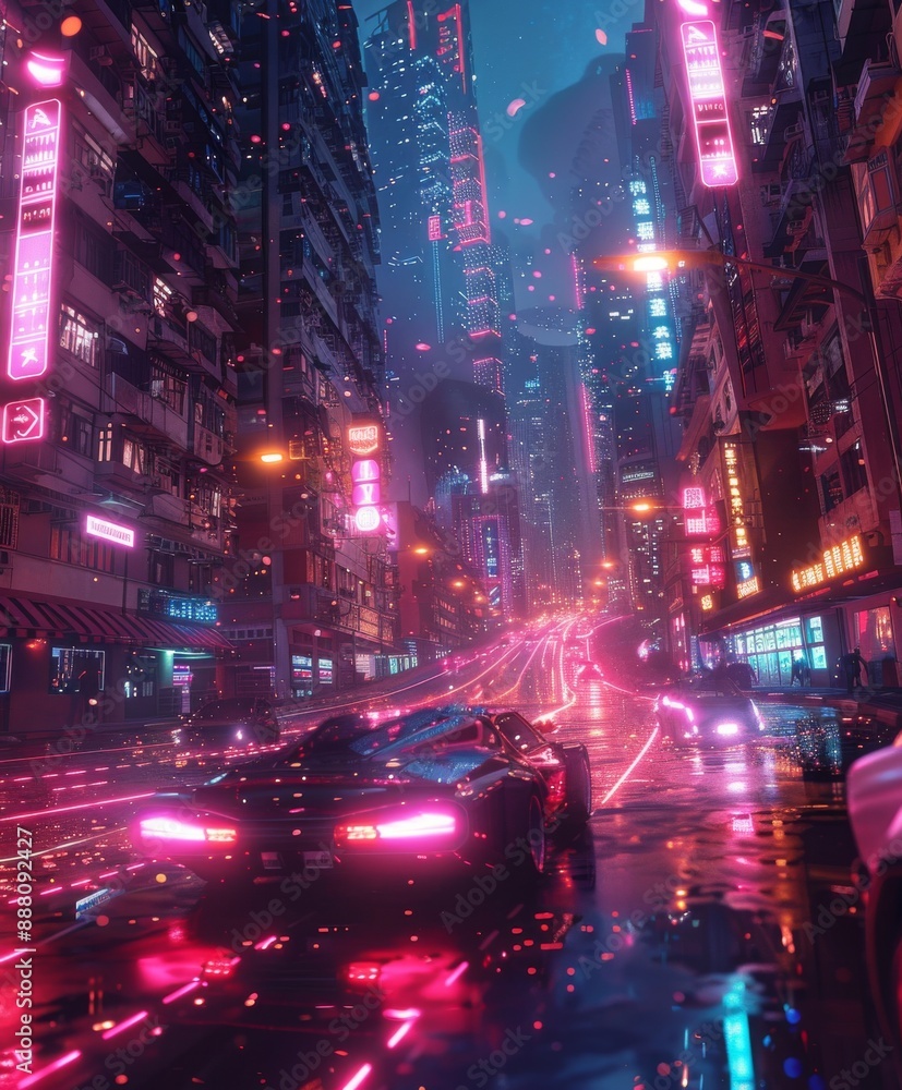 Naklejka premium retro-futuristic scene, neon lights, airborne cars, towering skyscrapers