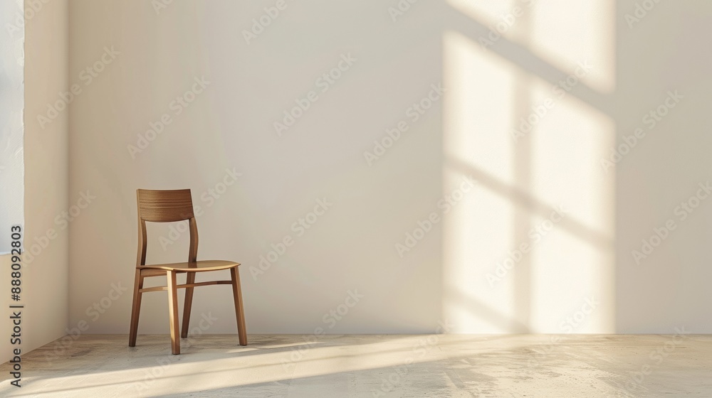 A wooden chair is sitting in a room with a white wall A wooden chair is sitting in a room with a white wall