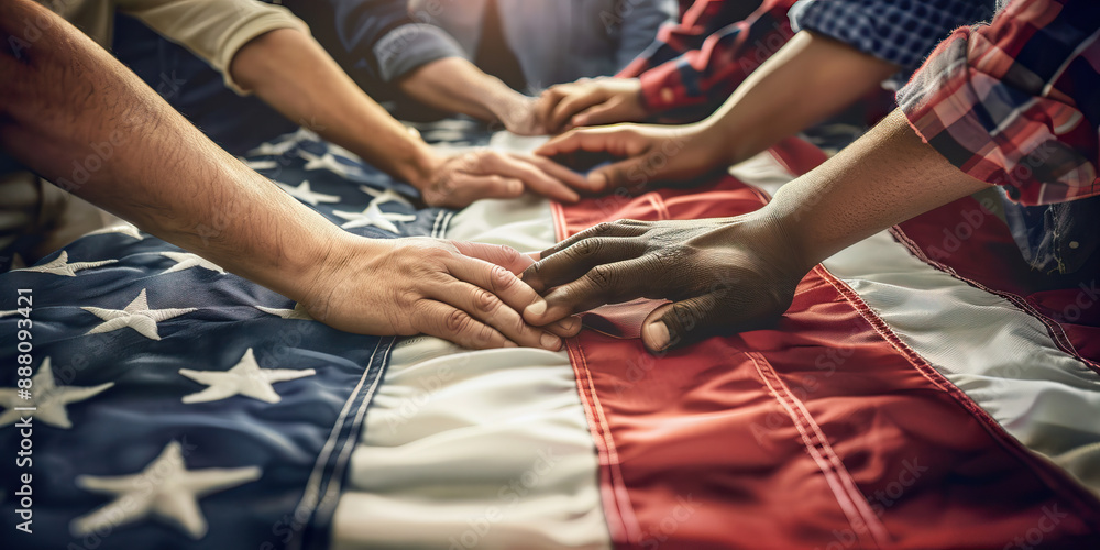 The Red, White, and Blue of Unity: An American flag waving gently in the wind, with people of various backgrounds holding hands beneath it. The Red, White, and Blue of Unity: An American flag waving gently in the wind, with people of various backgrounds holding hands beneath it.