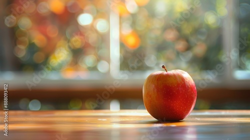 A red apple sits on a wooden table