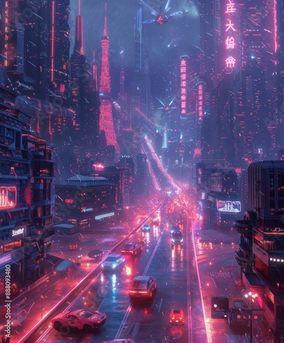retro-futuristic scene, neon lights, airborne cars, towering skyscrapers