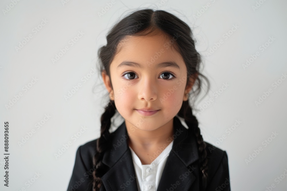 A cute Japanese girl smiles at the camera, wearing a school uniform with a jacket and white shirt, posing for a studio portrait against a white background. A cute Japanese girl smiles at the camera, wearing a school uniform with a jacket and white shirt, posing for a studio portrait against a white background.