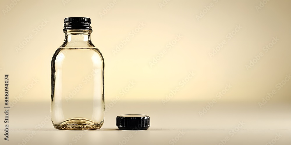 An isolated glass bottle with a black cap, standing on a light background, with out-of-focus decorative elements in the background. An isolated glass bottle with a black cap, standing on a light background, with out-of-focus decorative elements in the background.