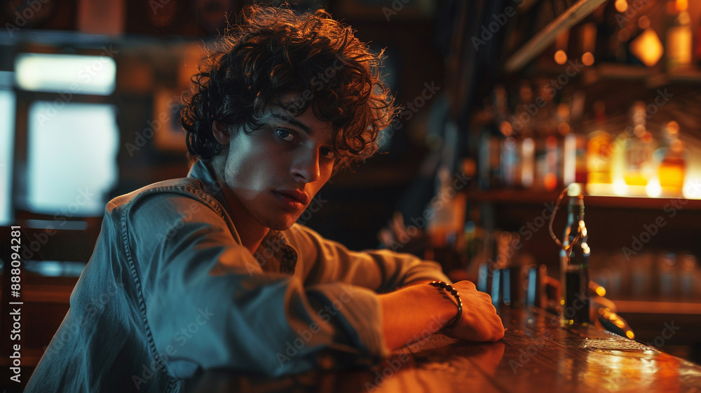 A young lonely man sits at the bar A young lonely man sits at the bar