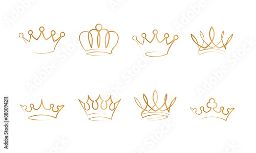line art set of gold crown, King crown sketches, majestic tiara, king and queen royal diadems vector. Line art prince and princess luxurious head accessories isolated on white background