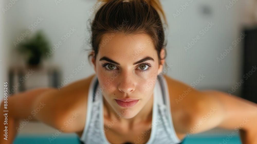 Focused young woman performing a push-up exercise on a blue mat in a bright, modern room. Focused young woman performing a push-up exercise on a blue mat in a bright, modern room.