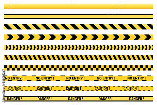 A set of yellow and black caution tape isolated on white and transparent backgrounds. Under construction, warning, danger, crime scene, police, and safety tape vector illustrations.