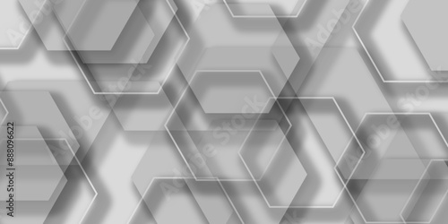 Multiple gray paper overlap on the gray background with silver color hexagon pattern on banner with line.   Science Technologic Hexagonal Pattern abstract background with paper texture and futuristic 