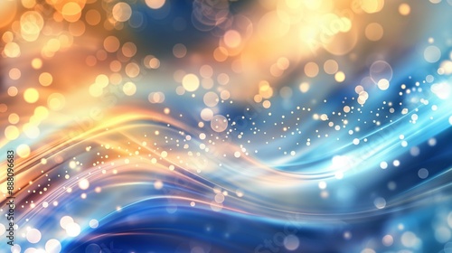 Glowing waves and circles on blue and orange background.