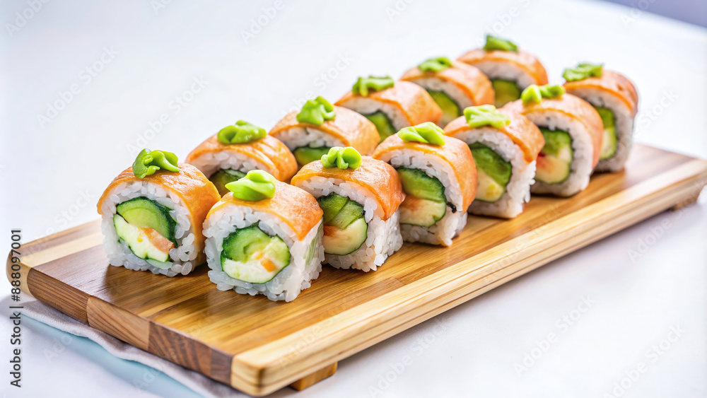 Freshly prepared Japanese sushi rolls with salmon, avocado, and cucumber, artfully arranged above a wooden cutting mat, on a clean white background. Freshly prepared Japanese sushi rolls with salmon, avocado, and cucumber, artfully arranged above a wooden cutting mat, on a clean white background.
