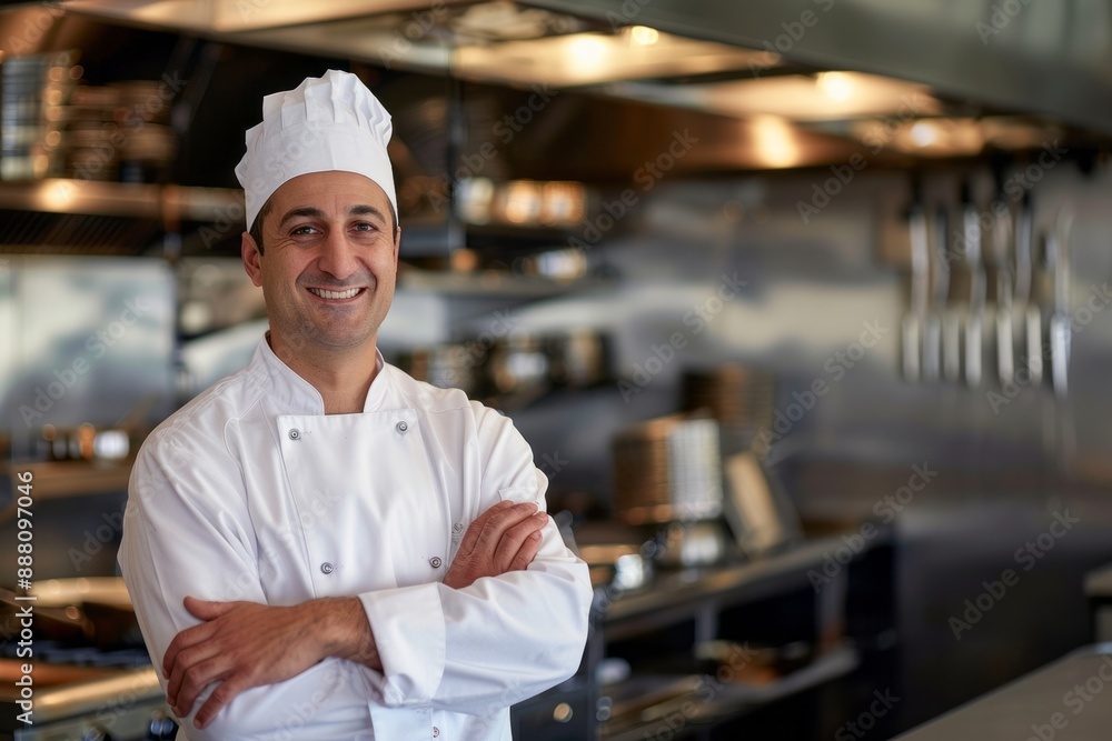 Chef man at kitchen restaurant posing at camera standing by table in uniform. Portrait of confident male chef at work. Professional Cook look at camera Chef man at kitchen restaurant posing at camera standing by table in uniform. Portrait of confident male chef at work. Professional Cook look at camera