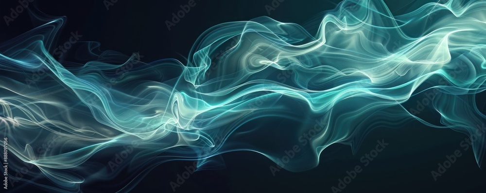 Glowing teal and white ethereal smokelike waves on a dark background Glowing teal and white ethereal smokelike waves on a dark background