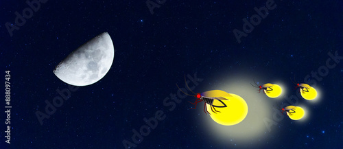 Beautiful firefly spread wings and light at the end of the body. design Insect beetle firefly. Vector set of simple cartoon drawings with different angles and elements.