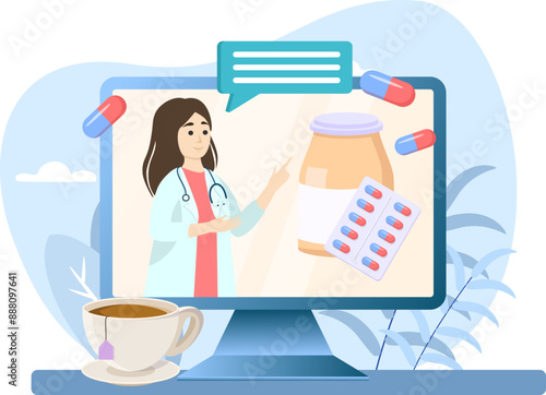 Doctor holding online medical consultation recommending pills treatment