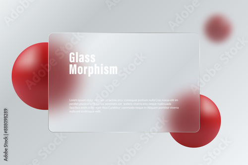Landing page in glass morphism style. Illustration with blurry floating red spheres and glass translucent frame.