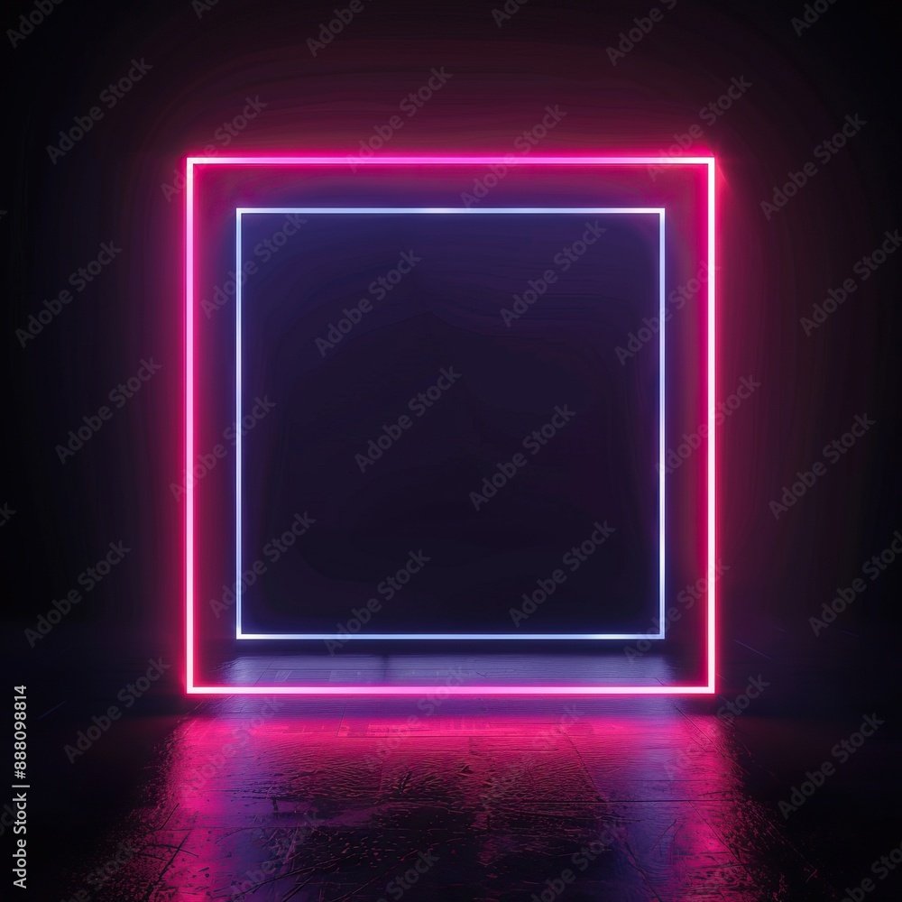 A striking neon square glowing with vibrant pink and blue lights in a dark, reflective room, perfect for modern and futuristic designs. A striking neon square glowing with vibrant pink and blue lights in a dark, reflective room, perfect for modern and futuristic designs.