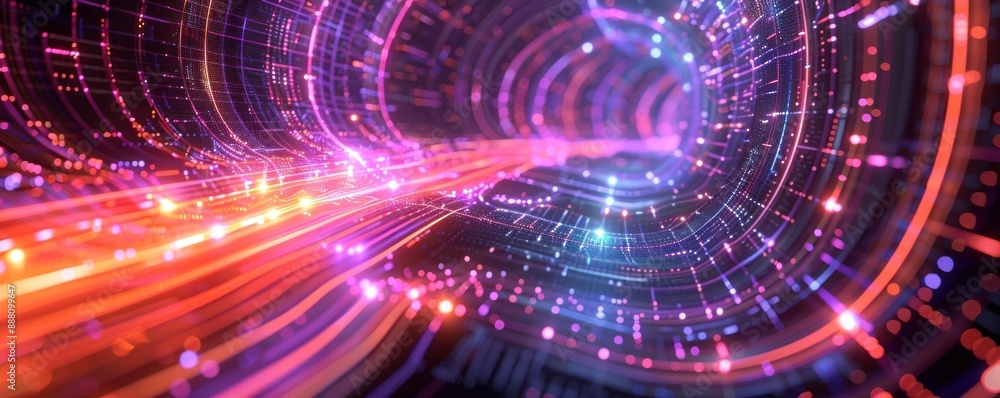 Fototapeta premium Futuristic glowing digital data particles form a glowing tunnel of light