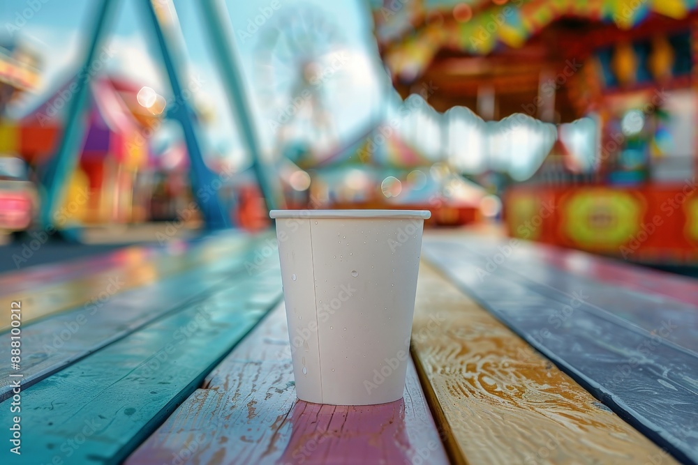 Blank soda cup on a carnival table with rides in the background Blank soda cup on a carnival table with rides in the background