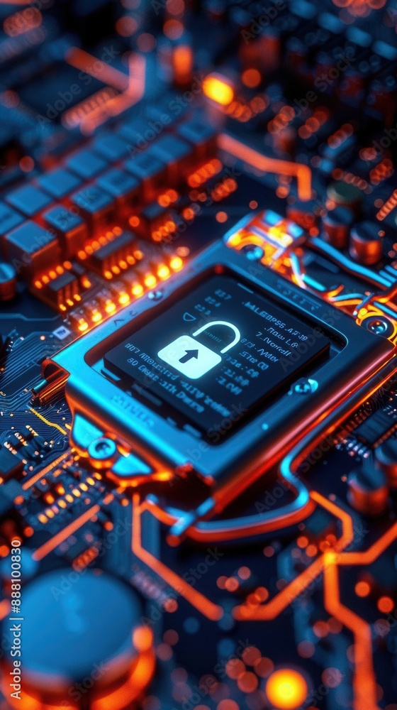 Fototapeta premium Secure connection concept, computer motherboard closeup, safety lock, verified credentials, wide banner design, glowing circuits, Generative AI cybersecurity
