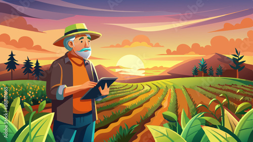 Senior farmer in a  field surveying the crop at sunset.
