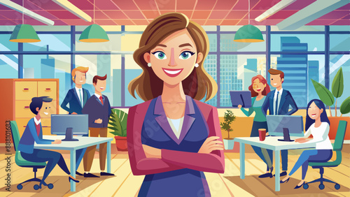 Portrait of a beautiful businesswoman standing in front of the modern agency corporate team.