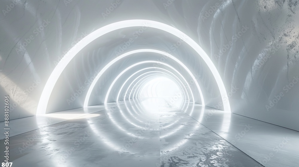 white bent corridor with round arches bright light and shadows concept for interior design and futuristic background white bent corridor with round arches bright light and shadows concept for interior design and futuristic background