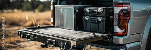 closeup of truck tailgate open, cooler and barbecue grill setup on tailgate,  photo