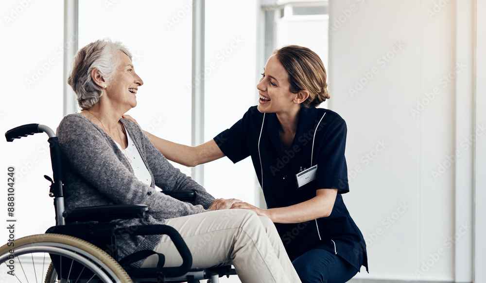 Obraz premium Senior woman, help and caregiver with support for healthcare, empathy or trust in elderly care or retirement at home. People, nurse and touching person with a disability for comfort, love and smile