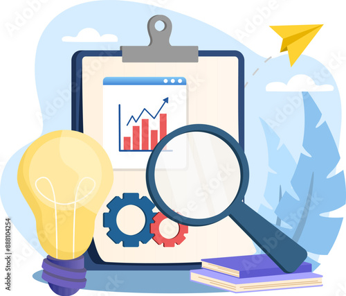 Business analysis concept with magnifying glass examining financial report document and light bulb for new idea