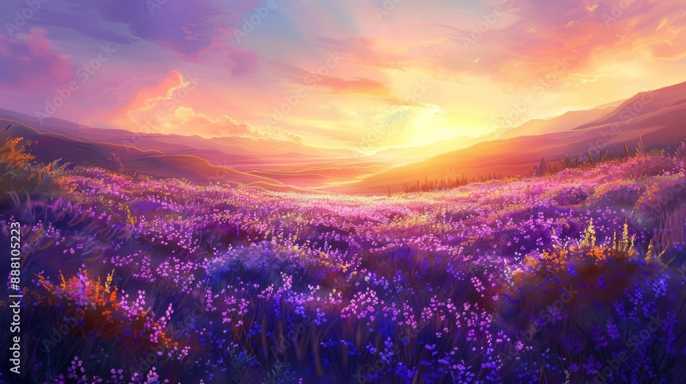 Fototapeta premium Vibrant Sunset Over a Field of Flowers