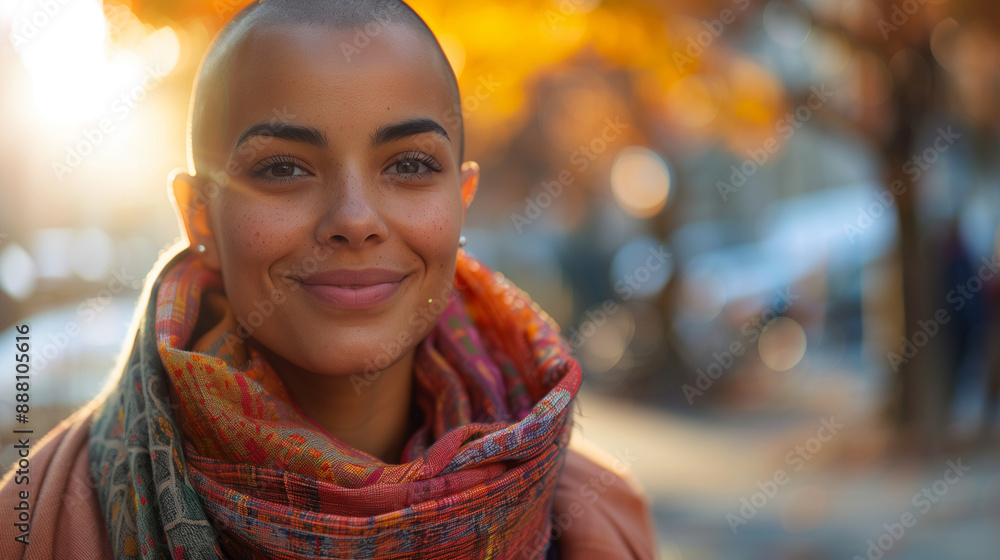 Woman with shaved head, dressed brightly, smiling in a sunlit park.
Woman with shaved head, dressed brightly, smiling in a sunlit park.