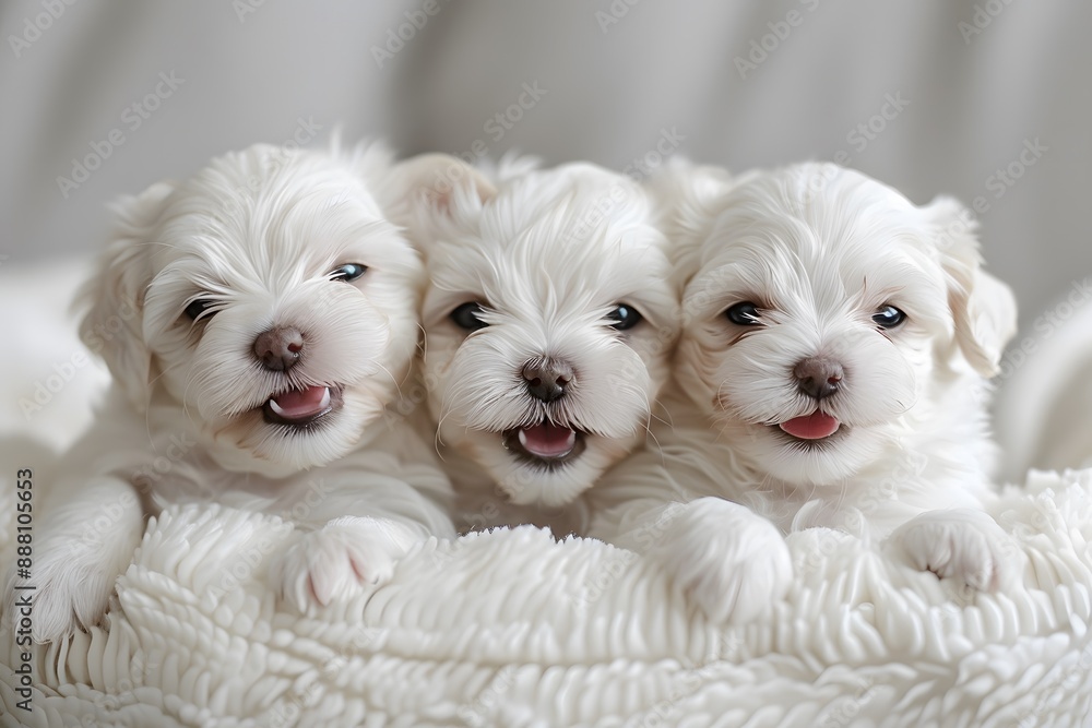 Adorable Trio of Fluffy White Puppies Snuggled Together Adorable Trio of Fluffy White Puppies Snuggled Together