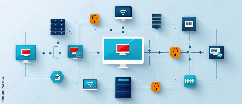 Showcasing a flat design illustration of interconnected routers and switches, representing the concept of network topology. Ideal for IT, networking, and tech-related content. Showcasing a flat design illustration of interconnected routers and switches, representing the concept of network topology. Ideal for IT, networking, and tech-related content.