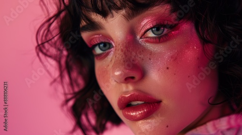 Wallpaper Mural Close-up of woman with pink makeup and freckles on pink backdrop Torontodigital.ca