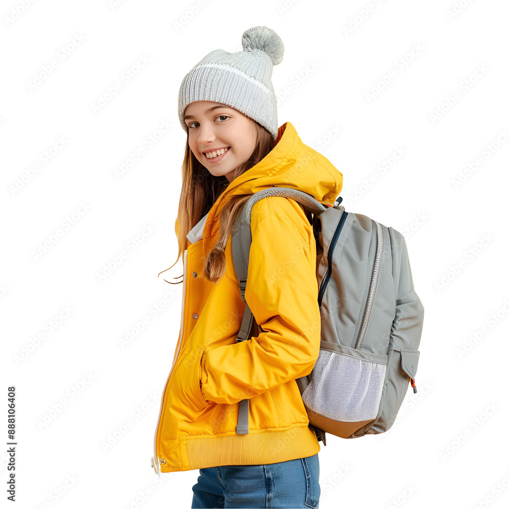 school girl in winter style with backpack school girl in winter style with backpack