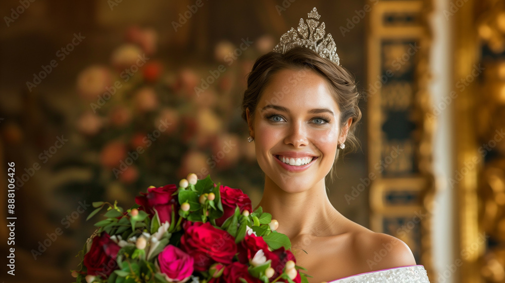 A smiling bride with a tiara holding a bouquet of roses, symbolizing a joyful, fairytale wedding celebration A smiling bride with a tiara holding a bouquet of roses, symbolizing a joyful, fairytale wedding celebration
