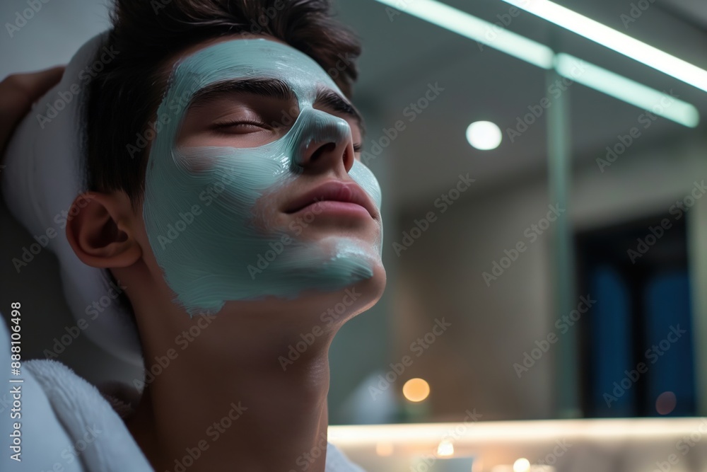 Young man with green face mask in bathroom relaxing with closed eyes Young man with green face mask in bathroom relaxing with closed eyes