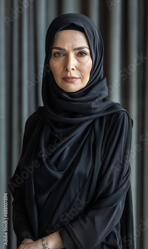 Portrait of Senior Muslim woman wearing black dress.