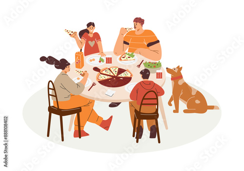 Shared food with pizza and pets, vector image on isolated background.