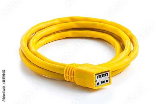 Yellow FireWire Cable Coiled on White Background