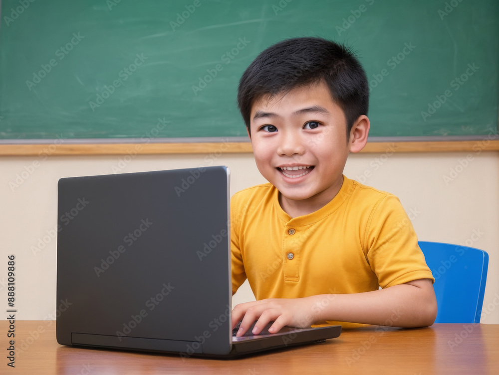 Young asian schoolboy uses laptop while sitting at desk in classroom Young asian schoolboy uses laptop while sitting at desk in classroom