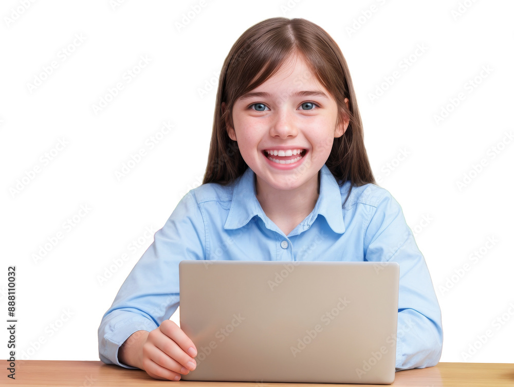 Transparent PNG young white girl smiles brightly while using laptop computer at a desk Transparent PNG young white girl smiles brightly while using laptop computer at a desk